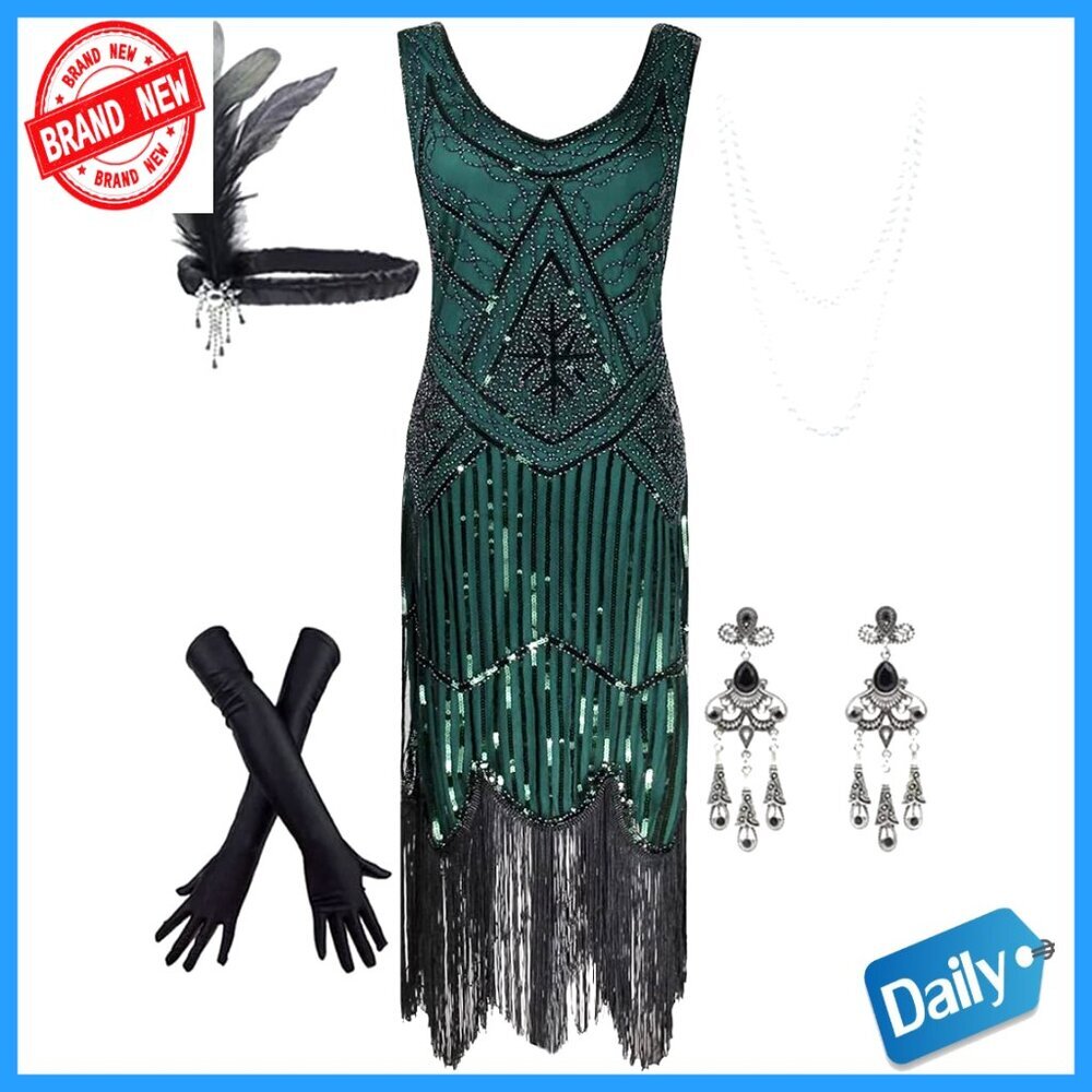 Vintage 1920s Sequin Beaded Flapper Dress with Accessories Set